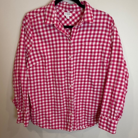 J. Crew Tops - J Crew Pink White Gingham Plaid Button Up Shirt Top XL Reimagined Cotton